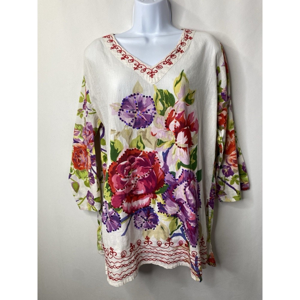 Sharon Womens Tunic Size Large Vintage‎ Festival Hippie Bohemian Sequins Floral